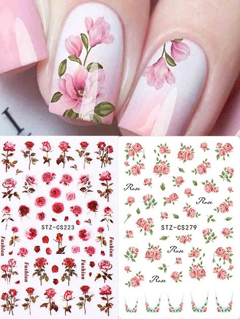 Multicolor  Collar  PVC  Pattern Stickers Embellished   Nail,Hand & Foot Care Nails Spring Flowers, Stickers For Nails, Summer Rose, Nails Spring, Nail Art Supplies, Neutral Nails, Foot Care, Nail Art Stickers, Rose Design