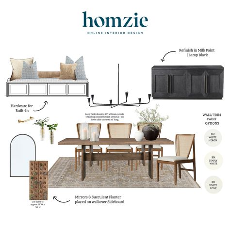 We loved designing this organic modern dining room our virtual interior design client. This space features a farmhouse style dining table, cane dining chairs, black sideboard, neutral rug and greenery to complement the organic style. 

Shop this design by following @homziedesigns on the LTK app! 
Work 1:1 with a Homzie virtual interior designer for a low flat-rate and receive a custom, shoppable decorating plan! - all online. Get started homziedesigns.com/work-with-us Transitional Dining Room Decor, Modern Classic Dining Room, Dining Room Mood Board, Classic Dining Room Design, Organic Modern Dining, Modern Classic Dining, Organic Modern Dining Room, Room Mood Board, Neutral Dining Room