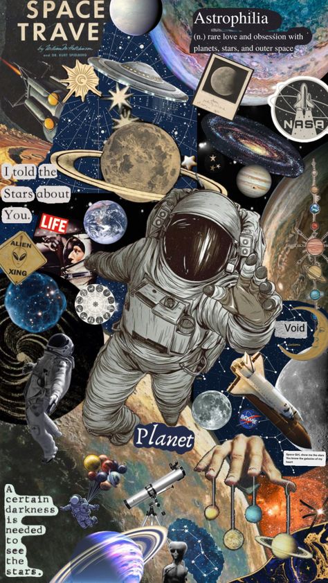 Aesthetic Wallpaper Space, Space Screensaver, Space Core Aesthetic, Astronomy Collage, Collage Art Wallpaper, Space Collage, Nasa Wallpaper, Life In Space, Astronaut Wallpaper