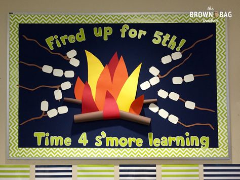 S'more learning bulletin board Back To School 5th Grade, Graduation Bulletin Board, Star Bulletin Boards, School 5th Grade, Up Bulletin Board, Camping Theme Preschool, Elementary Librarian, Work Bulletin Boards, Camping Classroom