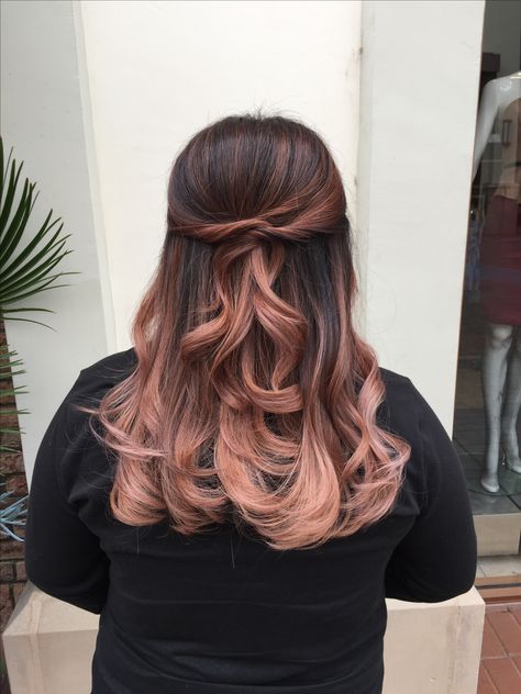 Dark Brown To Rose Gold Balayage, Balayage, Dark Rose Gold Hair Balayage, Rose Gold Split Dye, Rose Gold Balayage Straight Hair, Rose Gold Underneath Hair Brunette, Rose Gold Peak A Boo Hair, Ash Gold Balayage, Subtle Pink Balayage Brunette