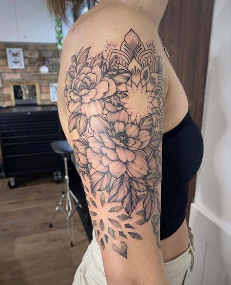 Jade Adams Tattoo Mandala Filler Tattoo Ideas, Mandala Upper Arm Tattoo, Mandala And Flower Tattoo Sleeve, A Tattoos, Stippling Tattoo, Floral Mandala Tattoo, Stippling Art, Beautiful Flower Tattoos, Upper Arm Tattoos