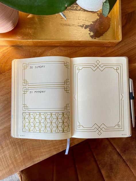 Art Deco Journal Theme, Bujo Frame Ideas, Art Deco Doodles, Bujo 2024 Ideas, Bujo Book Theme, Art Deco Bujo, Bujo Frames, Bujo 2023, Art Deco Frames