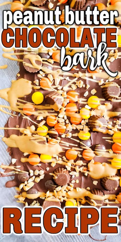 BEST PEANUT BUTTER BARK Reese’s Peanut Butter Bark, Chocolate Peanut Butter Banana Bark, Thanksgiving Bark Recipes, Thanksgiving Bark, Peanut Butter Bark Recipes, Peanut Butter Chocolate Bark, Cookie Bark, Peanut Butter Ramen, Peanut Butter Bark