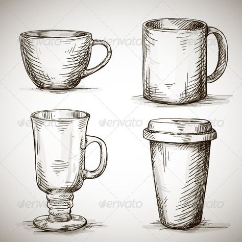 Set of Coffee Mugs Drawing Cup, Coffee Mug Drawing, Tumblr Sketches, Mug Drawing, Nature Sketch, Coffee Drawing, Pencil Shading, Object Drawing, Basic Drawing