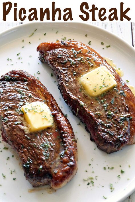 Two picanha steaks topped with butter. Picanha Steak Recipe Air Fryer, How To Cook Picanha Steak, Picanha Steak Recipe Oven, Pichana Steak Recipe, Picanha Recipes, Beef Picanha, Picanha Steak Recipe, Fatty Steak, Sandwich Meals