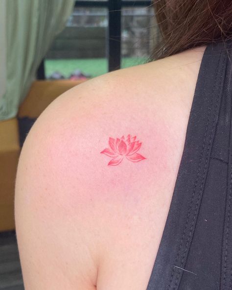 Small Red Lotus Tattoo, Lotus Tattoo Placement Ideas, Cute Small Lotus Flower Tattoos, Lotus Aesthetic Tattoo, Red Lotus Tattoo Design, Lotus Flower Small Tattoo, Flower Tattoos Lotus, Lotus Flower Tattoo Red Ink, Cute Lotus Tattoo