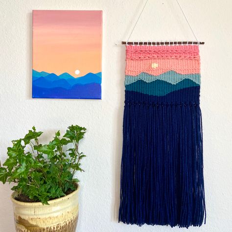 Mountain Tapestry Weaving, Sunset Weaving, Mountain Weaving, Landscape Macrame, Landscape Weaving, Pixel Macrame, Mountain Tapestry, Weaving Loom Projects, Diy Weaving