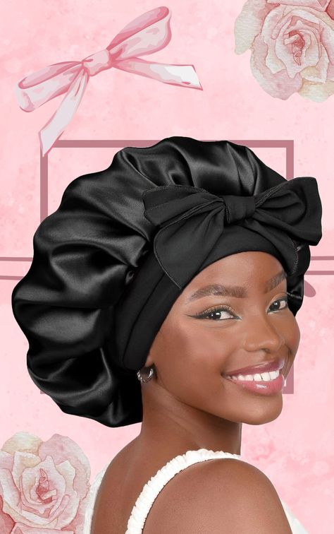 Aesthetically pleasing, cute bow bonnet for your beautiful hair. The bonnet keeps your hair from tangling and becoming frizzy in your sleep!🎀💕 YANIBEST Satin Bonnet Silk Bonnet for Sleeping Double Layer Satin Lined Black Hair Bonnet with Tie Band Bonnets for Women Natural Curly Hair #y2k #girly #prep #blackhairstyle #hair #selfcare Cute Hair Bonnets, Hair Bonnets, Bonnets Aesthetic, Bonette For Sleeping, Hair Bonnet Styles, Cute Bonnets, Bonnet Aesthetic, Bonnet Black Women, Black Bonnet