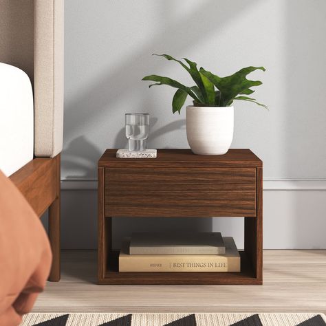 Foundstone™ Manufactured Wood Nightstand | Wayfair Japandi Bedroom Ideas, Simple Bedside Tables, Walnut Nightstand, Small Bedside Table, Bedside Table Lamp, Modern Bedside, Cute Decor, Phone Chargers, Wood Bedside Table