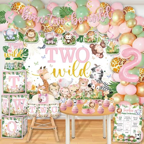 PRICES MAY VARY. Two Wild Birthday Decorations: include 1pc LED light, 1pc Born Two Be Wild banner, 1pc highchair banner,1pc cupcake topper, 3pc centerpiece,1pc number foil balloon, 3pcs balloon boxes, 6pcs swirls, 6pcs cake topper, 1pc two wild backdrop, 1pcs 2nd birthday crown,1pcs 2nd birthday milestone poster, 2pcs Animal foil balloons, 100pcs latex color balloons, a roll of dot glue, a balloon chain, and a coil, two wild birthday decorations items can meet your baby's birthday needs dress u 2nd Birthday Decorations For Girl, Two Wild Birthday Decorations, Wild Birthday Decorations, Born Two Be Wild Birthday, Born Two Be Wild, 2nd Birthday Decorations, Birthday Decoration Items, Balloon Boxes, Two Wild Birthday