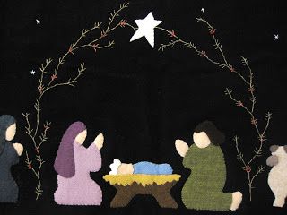 Pieced Brain: Nativity Scene Nativity Scene Quilt, Quilted Nativity Scene, Felted Nativity Scene, Embroidered Nativity Scene, Nativity Wool Applique, Wool Applique Patterns, Christmas Applique, Penny Rug, Nativity Crafts