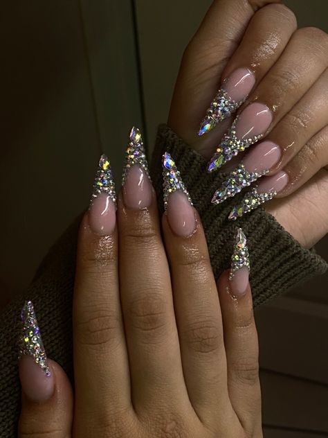 Bling nails Birthday Nails Rhinestones Diamonds, Bedazzled Almond Nails, Blinged Out Birthday Nails, Blinged Nails, Full Rhinestone Nails Bling, Bling Almond Nails, Bling Stiletto Nails Rhinestones, Stilleto Bling Nails Rhinestones, Bling Stiletto Nails