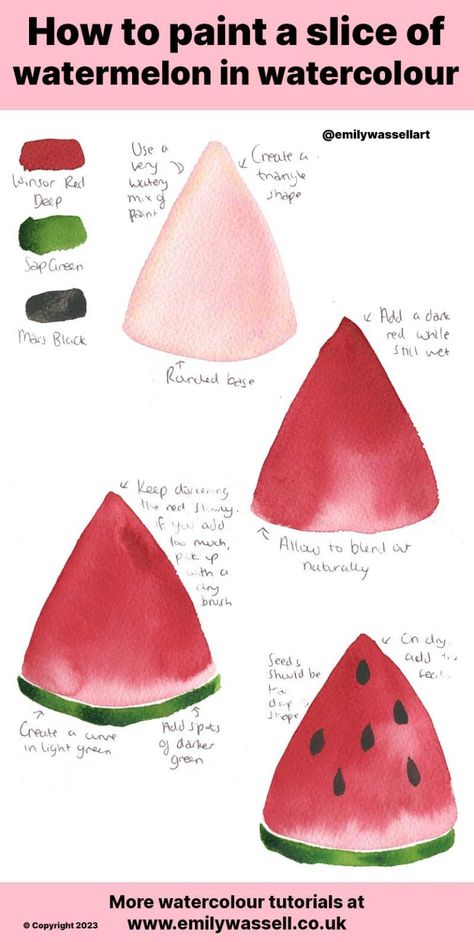 How to Paint Watermelon in Watercolour: 5 Min Tutorial - Emily Wassell Art Watercolour Fruit Tutorial, Fruits Drawing Watercolor, Watercolour Step By Step Easy, Watercolor Watermelon Tutorial, Watercolor Fruit Tutorial, Watercolor Art Food, Watercolour Watermelon, Watercolor Fruits And Vegetables, Pinboard Ideas