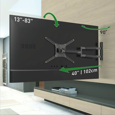 The Barkan full motion, 4 - movement TV wall mount with rotate, fold, swivel and tilt options fits screens sizes 13 - 83 inches and weight up to 110lbs. The minimum distance between the mount and the wall is only 2.7 in. and the maximum distance is 40 in. which allows 90 degree-swivel for screens up to 83 in. (width up to 75.6 in.) It is extremely extendable in open position therefore allows viewing from a variety of places and locating the screen around the corner of a wall. In closed position Fortaleza, Tv In Corner Of Bedroom, Long Tv Wall, Curved Tvs, Curved Screen, Tv Mounts, Tv Wall Mount, Home Theater Tv, Tv Bracket