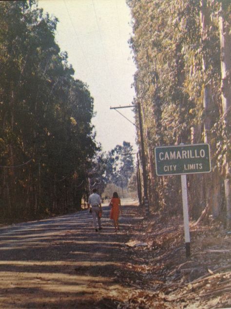 Part of old Highway 101 in Camarillo, CA many years ago. These teenagers look like they're walking home from Camarillo High School. My guess it was in the early 1960s. The girl is wearing a dress. Girls weren't allowed to wear pants/jeans until the 1970s. 1970s California Aesthetic, Old California Aesthetic, California In The 70s, 60s California, California Dreaming Aesthetic 60s, California 1970s, 70s California, 1970s California, California 1960s