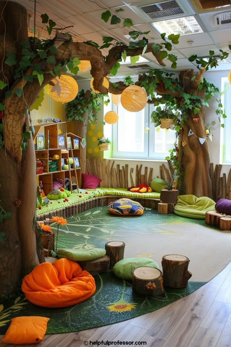 25 Kindergarten Decoration Ideas (2024) Nursery Room Ideas Childcare, Garden Theme Classroom, Daycare Room Design, Kindergarten Decoration, Kindergarten Library, Forest Classroom, Childcare Rooms, Daycare Rooms, Kindergarten Decorations