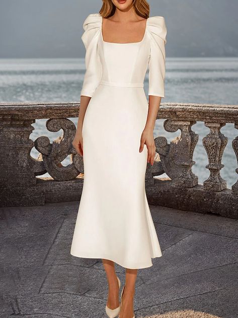 Reception Vintage 1940s / 1950s Simple Wedding Dresses Wedding Dresses A-Line V Neck 3/4 Length Sleeve Tea Length Satin Bridal Gowns With Solid Color 2024 2024 - $119.99 Bridal Shower Vintage, Wedding Dresses Sheath, December Wedding Dresses, White Dress Fall, Shower Vintage, Wedding Dresses A Line, Satin Bridal Gowns, Vintage Bridal Shower, Cheap Wedding Dresses Online