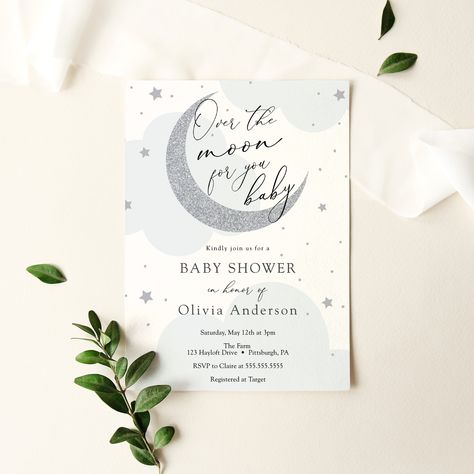 Baby Party Invitations, Moon Baby Shower Invitation, Moon Printable, We Are Over The Moon, Moon Baby Shower, Star Silver, Moon Baby, Over The, Digital Templates