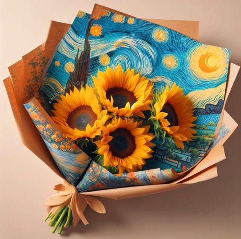 3 Sunflower Bouquet, Van Gogh Flower Bouquet, Van Gogh Bouquet, Flower Bouquet Ideas Gift, Sunflower Bouquet Gift, Bouquet With Sunflowers, Book Bouquet, Van Gogh Flowers, Sunflowers Bouquet