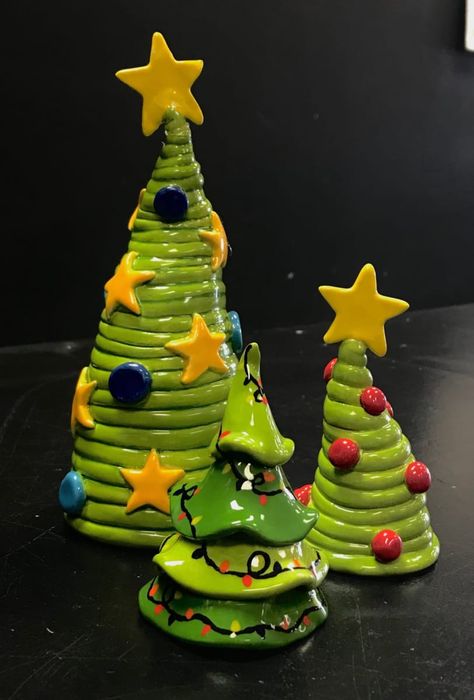 Coil Christmas Trees/Clay Hand-Builiding Christmas Clay Projects For Kids, Clay Projects Christmas, Air Dry Clay Holiday Projects, Clay Christmas Projects, Clay Winter Crafts, Christmas Clay Crafts Air Dry, Christmas Crafts With Clay, How To Make Clay Christmas Trees, Clay Christmas Diy