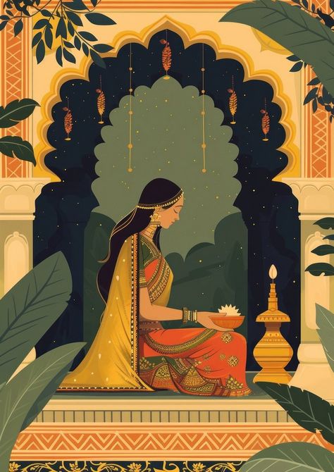 Indian traditional mughal pichwai art | Premium Photo Illustration - rawpixel Traditional Paintings Indian Folk Art, Indian Bride Illustration, Mughal Patterns, Agarbatti Packaging, Architecture Indian, Bride Illustration, Pichwai Art, Mughal Art Paintings, Indian Illustration