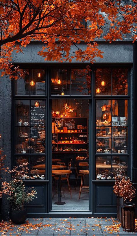 City Cafe Exterior, Autumn Restaurant Decor, Autumn Cafe Coffee Shop, Moody Bookstore Aesthetic, Late Night Cafe Aesthetic, Fall Cafe Aesthetic, Cozy Bar Aesthetic, Exterior Coffee Shop, Cozy Bakery Aesthetic