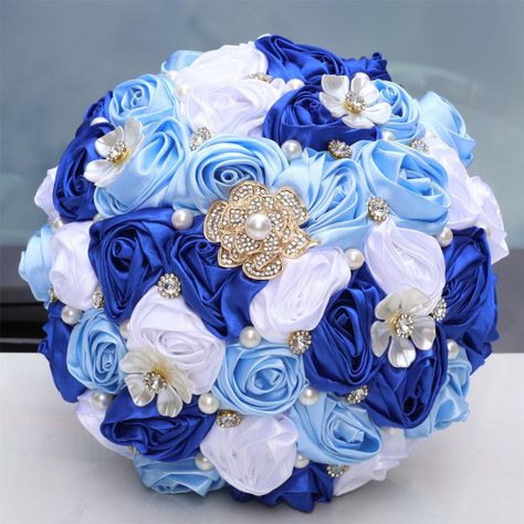 PRICES MAY VARY. 【Size】Diameter: 8.7inch/22cm, Height: 10.2inch/26cm. 【Material】Made of satin roses, this bouquet is decorated with petal-like rhinestone brooches and pearls, with handle wrapped with ribbons, which will add elegant and romantic accent to your event. 【Handmade】Every flower and bling detail are handcrafted by skilled artisans. Never faded satin flowers make it possible to keep this bouquet as a keepsake for witness of your romantic wedding or pass down to your beloved ones. 【Occas Royal Blue Quince Bouquet, Royal Blue Ramo, Navy Blue Flowers Bouquet, Quinceanera Light Blue, Flower Bouquet For Bride, Bridal Rose Bouquet, Royal Blue Bouquet, Bouquet For Bride, Asia Wedding