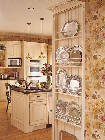 An Open Plate Rack is a great idea for the side of a refrigerator that might oherwise go un-used. A nice spot for those in-frequently used but pretty platters: Country Kitchen Designs, Plate Rack Wall, French Country Kitchen Designs, Traditional Kitchen Design, Rack Kitchen, French Country Kitchen, Kitchen Decorating, Kitchen Redo, Farmhouse Sink