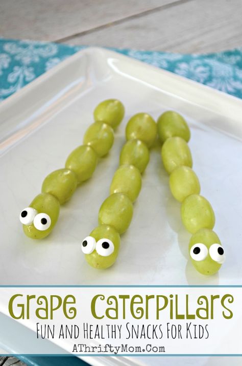 Fun and Healthy Snacks for kids, Funny lunch ideas, April Fools ideas for kids, Preschool party food, Grape caterpillars Grape Caterpillars, Insect Snacks, Grapes Candy, Apple Snacks Healthy, Grape Snacks, Preschool Snack, Edible Playdough, Games For Parties, Apple Snacks