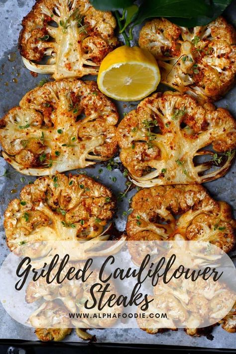 Grilled Cauliflower Steaks Grilled Cauliflower Salad, Sides With Grilled Steak, Cauliflower Steaks Bbq, Marinated Cauliflower Steak, Coliflower Steak Roasted, Grilled Califlour Recipes, Cauliflower Steaks Roasted Parmesan, Grilled Cauliflower Steaks Recipes, Cauliflower Stakes Recipes