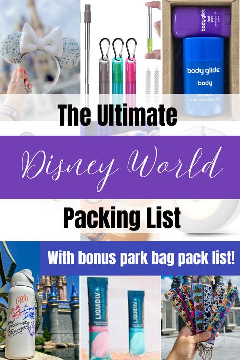 Pictures of items that are recommended to pack for Disney World such as reusable straws, Liquid IV, mouse ear holders and anti chaffing balm. Minions, List Of Things To Bring To Disney, Disney Christmas Packing List, Disney Travel Hacks, Disney Trip Care Package Ideas, Disney Trip Must Haves Packing Lists, Disney Vacation Packing List, Disney World Park Bag Packing Lists, Packing For Disney World In November