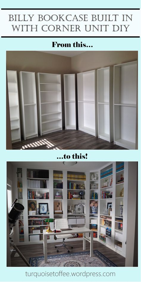 Billy Bookcase Built-In with Corner Unit DIY: Our Library Reveal – turquoise toffee Diy Library, Billy Ikea, Ikea Desk Hack, Bookcase Diy, Ikea Hack Ideas, Ikea Furniture Hacks, Decor Ikea, Home Library Design, Billy Bookcase