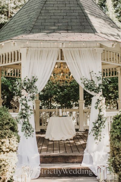 Pavilion Wedding Decorations, Larry Wedding, Gazebo Wedding Ceremony, Outside Wedding Ceremonies, Gazebo Wedding Decorations, September Wedding Colors, White Gazebo, Wildflower Wedding Theme, Gazebo Decorations