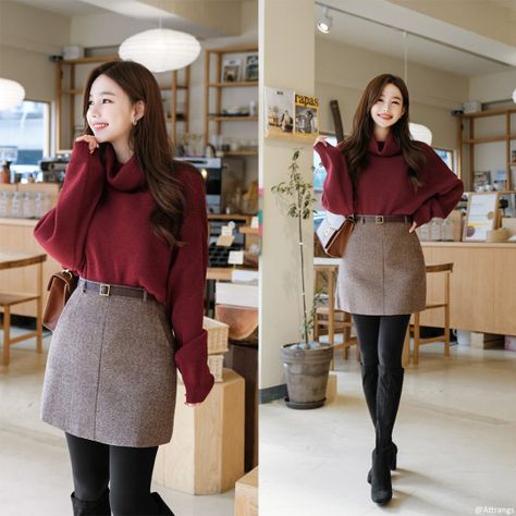 Loose Fit Turtleneck Top Loose Turtleneck Outfit, Korean Fashion Turtleneck, Maroon Korean Outfit, Asian Women Fashion Casual Outfit, Maroon Turtleneck Outfit, Maroon Turtleneck, Turtleneck Outfit Women, Korean Tops Outfits, Maroon Outfits