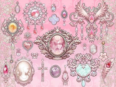 Jewelry Concept Art, Brooch Illustration, Jewels Drawing, Accessories Design Sketch, Jewelry Anime, Jewel Drawing, Crown Drawing, Whimsical Art Journal, Anime Jewelry