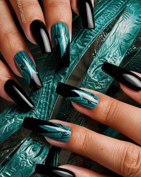 Turquoise Temptation: Elegance Meets Edge! 💎🖤 Embrace the perfect blend of bold and beautiful with these stunning turquoise and black nails! ✨💅 The striking contrast adds a touch of elegance while keeping things edgy and chic. Perfect for a night out or a stylish day at the office, these nails make a statement without saying a word! 💖🌌 Swipe for some serious inspo and let your nails do the talking! #turquoiseandblack #elegantnails #chicnailart #PrettyAndBold #nails #nailsnailsnails #art #fyp ... Teal Nail Art Designs, Matte Black And Teal Nails, Black And Teal Nail Designs, Turquoise And Black Nails, Teal Nail Art, Long Black Nails, Teal Nails, Chic Nail Art, Turquoise And Black