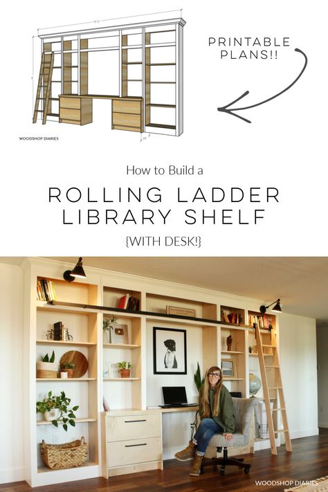 Diy Bookshelf Under Window, Library Bookcase Diy, Farmhouse Desk And Bookshelf, Wall Desk Bookshelf, Wall Bookshelves With Desk, Creative Diy Bookshelf Ideas, Build In Bookshelves With Desk, Diy Home Library Bookshelves, Diy Bookshelf Wall Built Ins