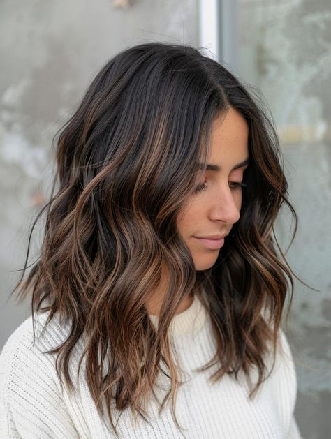 Winter Brown Hair Balayage, Deep Dimensional Brunette, Medium Length Dark Balayage, Medium Dark Brown Hair Balayage, Winter Bayalage Brunette, Bernette Hair Color Ideas, Brown To Brown Balayage, Dark Brunette Hair With Balayage, Dark Brown Hair Balayage With Money Piece