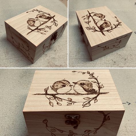 Wood Burn Box Ideas, Wood Box Painting Ideas Easy, Wood Burning Box Ideas, Pyrography Box Ideas, Wooden Box Wood Burning Ideas, Wood Burning Boxes Design, Wooden Box Burning Ideas, Wood Burning Jewelry Box, Wood Burned Jewelry Box Design