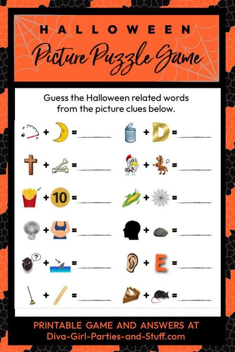 Halloween picture puzzle game, printable Halloween game, Halloween rebus puzzle Halloween Emoji Game, Halloween Word Games, Free Printable Halloween Games, 2 Syllable Words, Free Halloween Games, Halloween Board Game, Kids Lunch Box Notes, Word Puzzles For Kids, Quotes Halloween