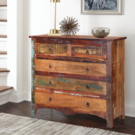 Our Jamestown Rustic Reclaimed Wood 5 Drawer Cottage Dresser is sure to bring all of the storage and decoration you require to your bedroom spaces. The piece is perfect perched in the master suite for extra clothing storage or placed in the guest room for your visitor?s clothing. It has a distinct traditional styling with decoratively shaped apron at the base and hand-wrought pulls. Reclaimed Wood Bedroom, Cottage Dresser, Reclaimed Wood Dresser, Dresser Paint, White Dressers, Pumpkin Spices, Vintage Bedroom Furniture, Rustic Dresser, Drawer Bedroom