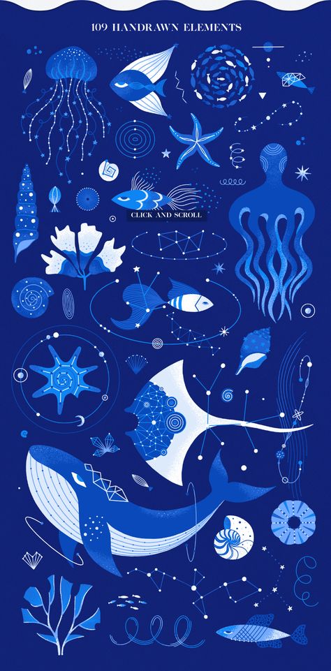 Cosmic Sea. Vector clipart collection on Behance Under The Sea Drawings, Sea Vector, Stingray Fish, Sea Drawing, Sea Creatures Art, Sea Illustration, Sea Of Stars, Star Illustration, Underwater Sea