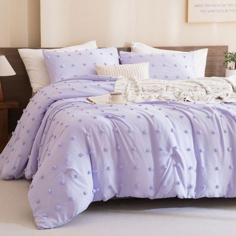 PRICES MAY VARY. Exquisite Boho Tufted Dot Embroidery Design: Charming polka dots of tufted texture are scattered across this purple king comforter set, backed with flat sheeting that's so soft to the touch. Aesthetics and function are perfectly integrated with this tufted dot light purple comforter set. It will be a captivating addition to your space! Experience Cloud-like Softness: Crafted from soft microfiber and filled with weightless yet luxurious materials, Paxrac lilac comforter set king Purple Bed Set, Lavender Comforter, Purple Comforter Set, Purple Dorm, Lilac Bedding, Purple Bed, Lavender Bedroom, Lavender Bedding, Purple Comforter