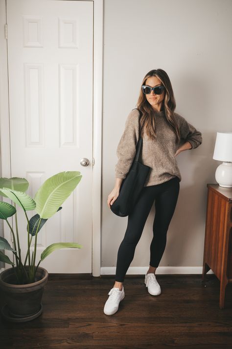 Four Work From Home Outfits With Leggings - Stitch & Salt Leggings At Work, Leggings Work Outfit, Casual Home Outfits, Work From Home Outfit Ideas, Wfh Outfits, Office Attire Women, Work From Home Outfit, Black Leggings Outfit, Athleisure Outfits