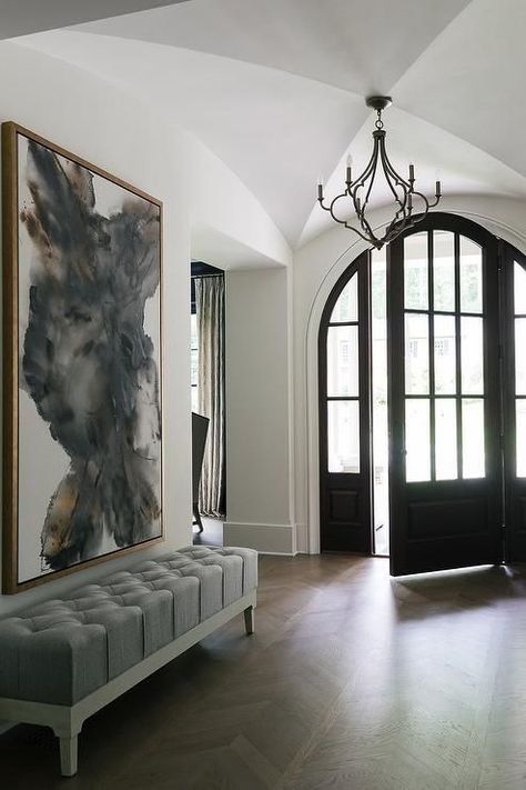 25 Entryway Artwork Ideas To Make An Impression | DigsDigs | Bloglovin’ Mirrors Entryway, Statement Entryway, Entryway Artwork, Foyer Makeover, Luxury Entryway, Entryway Doors, Exterior Entryway, Arched Front Door, Minimalist Entryway