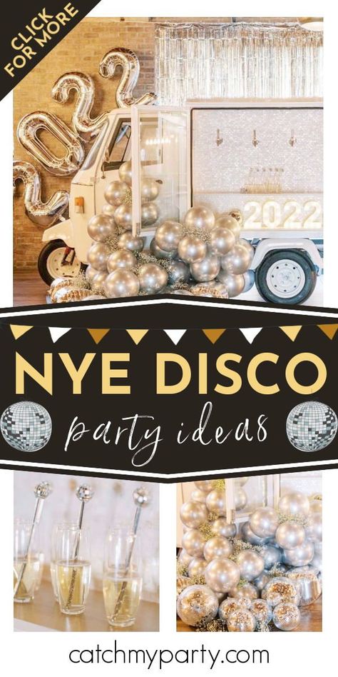 Check out this glam NYE disco party! The champagne truck is amazing! See more party ideas and share yours at CatchMyParty.com New Year’s Eve Disco Party, Nye Disco Party, Disco Thanksgiving, Disco Nye Party, Disco New Years Eve Party, New Years Eve Theme, Champagne Truck, Disco Glam Party, New Years Party Themes