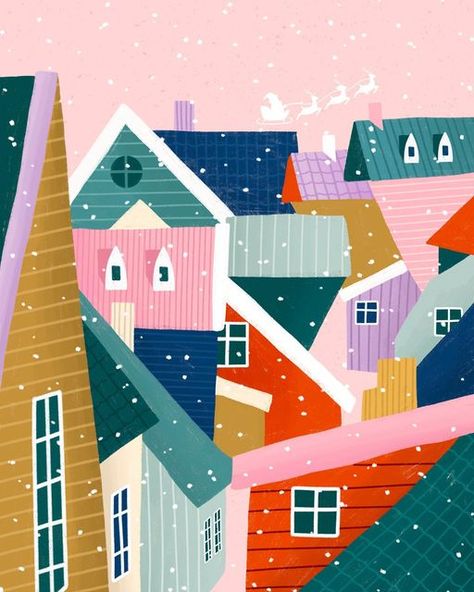 Bea Müller on Instagram: "It’s December! And the Christmas madness has started. Sóley is asking me every day now when “Santaclaus is coming to town”. . So I felt it was time for this post. Santa over the rooftops is available as art print in my shop. I appreciate that not everyone wants to have Santa hanging in their homes all year around, so you can chose between Santa and non Santa version. . Have a lovely weekend! . . #santaiscomingtotown #santaiscoming #cityillustration #editorialillustratio Christmas Town Illustration, Gingerbread City, Felt Houses, Christmas Color Palette, Winter Illustration, Colourful Art, House Illustration, City Illustration, Art Birthday