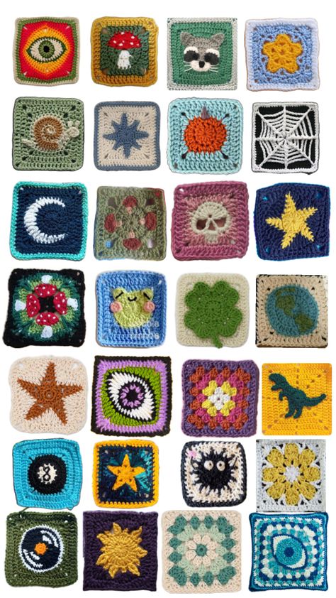 #grannysquare trend Funky Crochet Squares, Granny Square Crochet Pattern Aesthetic, Granny Square Ideas Crochet, Granny Squares Unique, Kawaii Granny Square Crochet, Themed Granny Squares, Granny Square Layout Ideas, Funky Granny Square Crochet, Anime Granny Square