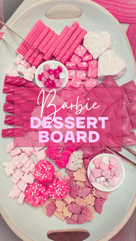 A dessert board full of pink and white Barbie inspired desserts Barbie Cookie Cake, Cute Diy Aesthetic, Barbie Charcuterie Board, Bachelorette Desserts, Frosted Animal Cookies, Barbie Cupcakes, Home Made Candy, Cakes Pink, Aesthetic Dessert